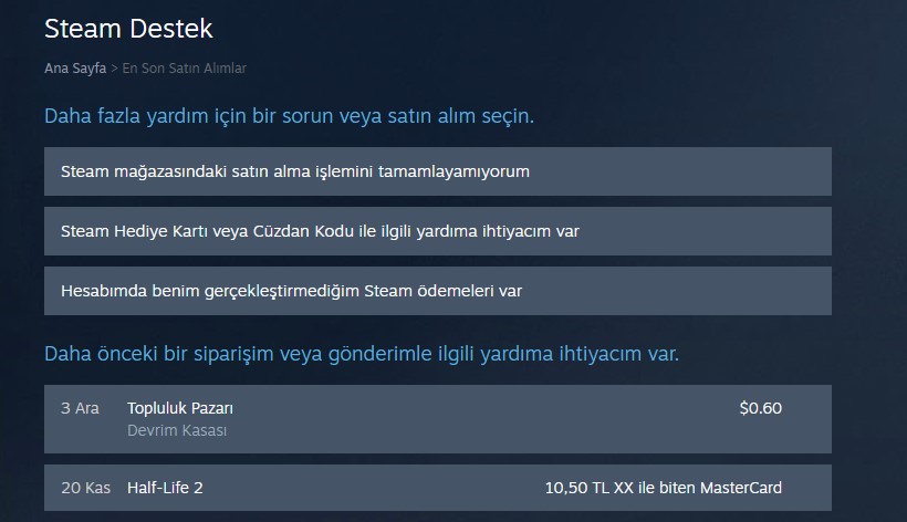 Steam Destek - Satın Alımlar