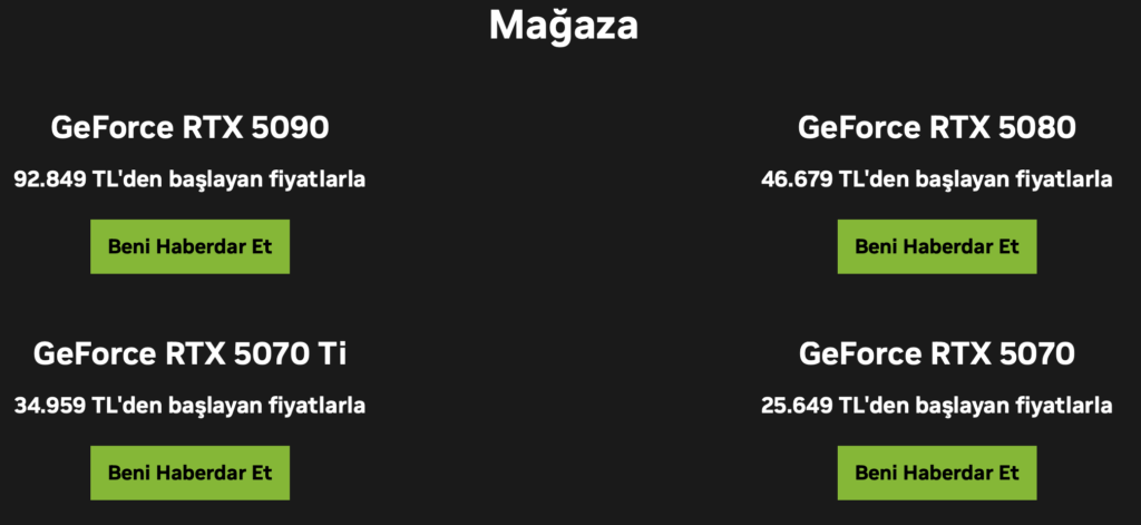 Nvidia RTX 5000 Serisi Türkiye Fiyatları